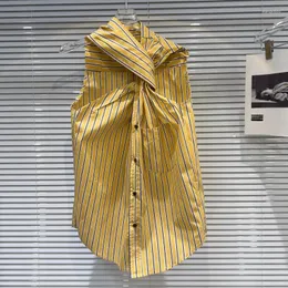 Bluzki damskie Prepomper 2024 Letnia kolekcja bez rękawów kołnierz krzyżowy kołnierz żółty pasiaste koszulę z czołgiem w paski kobiety GR005