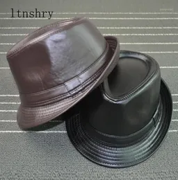 2020 Solid color Leather Man039s hat Wide Brim Stetson Fedoras British Hats For MenWomen Gentman Black Fitted Jazz Hip Gorras1887172