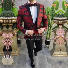 Men's Suits Business Rose Printed Men Slim Fit Single-Breasted Groom Wedding Tuxedo Tailor Made 3 Pieces Sets Traje De Hombre Elegante