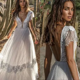 Dress Bohemia Dot Backless Summer Illusion Lace Tulle Bridal Gowns Custom Made Deep V Neck Wedding Dresses es