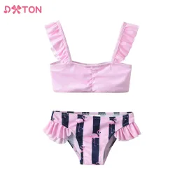 Stroje kąpielowe DXTON Girls Swimming Suit 2 szt. Dzieci zawieszone topy i szorty Dziewczyny Flamingo Cartoon Druku