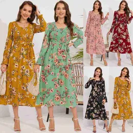 Autumn básico Casual Autumn New Women Feminino de manga longa Salia de flores quebrada vestido redondo de pescoço superdimensionado popular vestido de tamanho grande