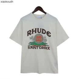 Rhude High End Designer Ubrania dla Meichao Nowy kokosowy emblemat litera drukowana męskie i damska moda luźna krótkie tushirt z krótkim rękawem biały top z oryginalną etykietą 1: 1
