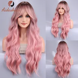 Длинная волна тела Ombre Черно розовый косплей парики термостойкая синтетическая средняя часть натуральная лолита для женщин 240419