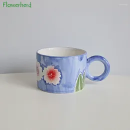 Canecas Creative Flores de aquarela criativa Pêssego com caneca pintada à mão Cerâmica de café Cuple redonda Handle Housed Water Breakfast Milk Casal