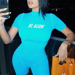 Klalien sıska kısa kollu yansıtıcı mektup baskılar fitness playsuit kadın balıkçı yaka moda gündelik bodysuit y200401 179q