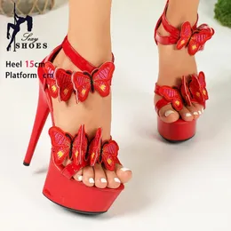 Nattklubb fjärilssandaler Rom Style Summer Ankle Strap Pole Dance Shoes Women Platforms 15cm Model Walking Show High Heels 240506
