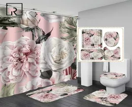 Rosa große Blumen bedruckte Duschvorhang Set mit Teppich Antislip Teppich Badewanne Toilettenbildschirm wasserdichtes Badezimmerdekor mit Haken 26802945