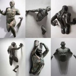 Sculptures 3D Through Wall Figure Sculpture Imitation Copper Decor Abstract Character Resin Climbing Man Statue Indoor Wall Home Decoration