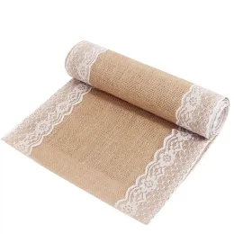 Pads 10M/lot Lace Table Runner Retro Natural Jute Lace Burlap Table Runners For Event Party Wedding Dining Table Cover Decoration
