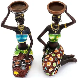 Holders Candleholder African Figurines 8.5 "Kvinnor Dekorativa skulpturer Ljushållare för matsal Tribal Lady Statue for Home Decor