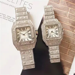 2022 Out Bling Diamonds Ring Watches for Men Women Hip Hop Square Roman Dial Designer Mens Quartz Watch Stainless Steel Band Business W 2712