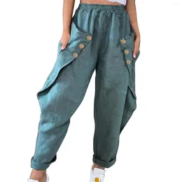 Frauenhose Elastizität Casual Pants for Women Anytey Casual 2024 Trendy Lose Solid Ladies Hosen große Taschen mit Knopf Design