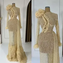 Vestidos de baile mangas longas jóias elegantes sereia alta lantejas de cintura líquida de design exclusivo com zíper piso vestido de noite feito de noite mais tais de tamanho