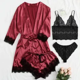 BRAS Kvinna Sleepwear 4st Floral Lace Trim Satin Pyjamas Set With Robe Sexig faux Silk Pijamas Robe Ställ in Casual Home Clothes Nightwear