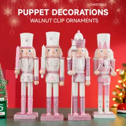 Miniature da 30 cm in legno di schiaccianoci solido figurina burattinaio rosa glitter soldato bambola giocattolo ornamento decorazione