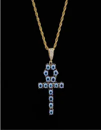 Blue Color Egyptian Ankh Key of Life Necklace 18K Gold Plated Copper Pendant Cubic Zirconia Hip Hop Jewelry3673428