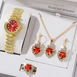 Armbanduhren 5pcs Golden Luxus Uhr Women Ring Halskette Ohrring -Strass -Mode -Armbanduhr Red Dial Casual Ladies Uhren Schmuck Set