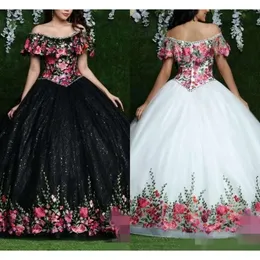 Quinceanera Dresses Off The Floral Embroidery 2020 Shoulder Beaded Ruffles Custom Made Prom Ball Gown Sweet 16 Formal Ocn Wear