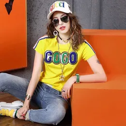 Summer Yellow 100% Cotton Short-Sleeved Womens T-Shirt All-Match Silky Cotton Sequin T Shirt Top 240506