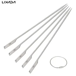Grills Lixada 5pcs 10 Inch Flat Titanium Barbecue Skewers Outdoor Backyard Picnic BBQ Grilling Kabob Skewers BBQ Sticks with Wire Ring