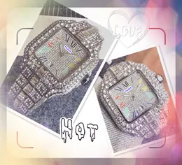 Hip -Hop -Out Square Face Watch Herren Quarz Bewegung Edelstahlgurt Präsident Diamonds Ringkettenarmband gut aussehende coole Armbanduhr