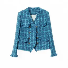 Designer di giacca da tweed blu vintage Women abbigliamento autunno inverno blazer Office Lady Korean Chic Fringe Bottoni di lusso 240506