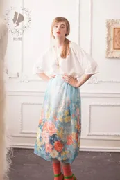 التنانير Lynette's Chinoiserie Summer Design Original Women Vintage Silk Rustic Floral Print مرنة ماء الأزرق SZ S M L