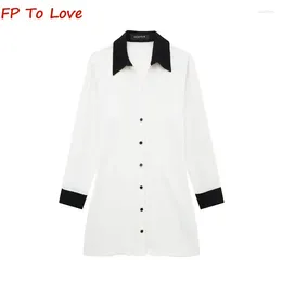 Casual Dresses 2024 Spring Street Style Color Blocked Panel Dress White Lapel Single Breasted Long Sleeve Mini 3897064