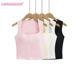 女性の戦車Lundunshijia 2024 Summer Fashion Square Neck Neeveless Cotton Cotten Cott Clort Tops Casual Basic with Chest Pads Tank