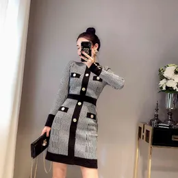 women's Casual Dresses o-neck single breasted long sleeve houndstooth grid knitted pencil dress bodycon slim waist dress SMLXL 239I