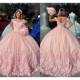 Quinceanera Floral Pink 3D Dresses Lace With Applique Beaded Tulle Swee Train Straps Pleats Sweet 15 16 Birthday Ball Gown Custom Made T