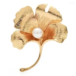 Broches wulibaby pérola ginkgo folha superfície lisa metal plantas clássicas de festa pinos de broche para mulheres jóias de moda