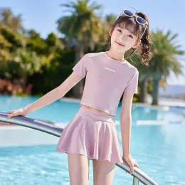 Swimwear Two Pieces Girls Swimsuit Summer Beach Swimwear Skirt With Underwear Short Sleeve Kids Vacation Clothes For Girl Pink, Black