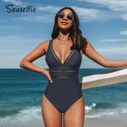 Suits SEASELFIE Plunge Ladder Trim Onepiece Swimsuit For Women Dark Navy Sexy Monokini Swimwear 2023 Bathing Suit Beachwear