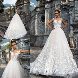 Lace Line Sheer Applique A Modest Dresses Scoop Neck Sweep Train Capped Sleeves Custom Made Wedding Bridal Gowns Pplique