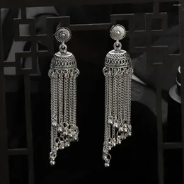 Dingle örhängen etnisk lång kedja tofs silver färg rund klocka för kvinnor vintage mode bröllop jhumka smycken