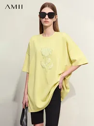 Amii kadınlar için minimalizm tişörtleri 2024 bahar orta uzunlukta gevşek damla kısa kollu nakış streç o yaka üstleri 12441076 240506