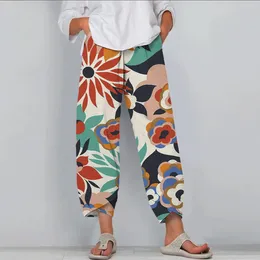 Calça feminina feminina feminina alta cintura alta impressão de padrões coloridos de venda ampla, abrindo as calças soltas