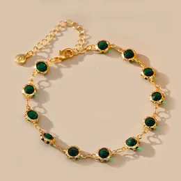 18k Gold Plated Inlaid Dark Green Zircon Bracelet for Women Elegant Round Cubic Zirconia Adjustable Length Link Chain 240423