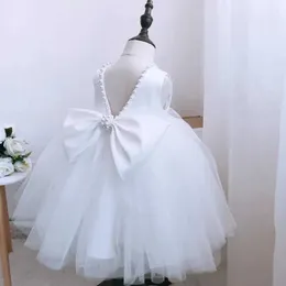 Vestidos de menina arco roupas de bebê para menina para 1-5 anos V-back Solid Kids Wedding Party Dress Pearls Elegant New Birthday Vestido Girls Princess Dress