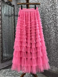 Gonne Lingzhiwu A-line Skirt 2024 Fashion Fashion Ol All Match Mesh Long Cake