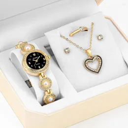 Wristwatches 5PCS Set Luxury Watch Women Heart Necklace Earrings Ring Rhinestone Fashion Wristwatch Female Casual Ladies Watches Montre