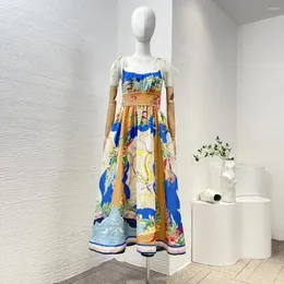 캐주얼 드레스 2024 해변 스타일 패션 컬렉션 의류 린넨 민소매 셔드 플로럴 프린트 레이스 업 스트랩 여성 미디 드레스