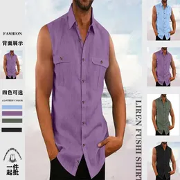 Men's Casual Shirts Simple Cotton And Linen Solid Color Lapel Sleeveless Shirt Beach Multi-color Loose