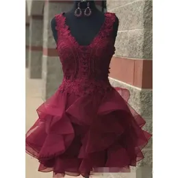 Mini Lace Bury Homecoming Dresses Tiered Short Applique V Neck Organza Tail Party Dress Custom Made Formal Ocn Wear