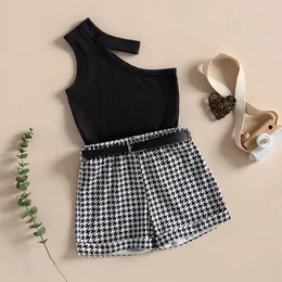 Kläder sätter barn flickor sommar 2pieces outfit retro svart ärmlös utskärning av halter väst