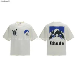 Rhude High end designer clothes for 2024 Summer Fashion Snow Mountain Ski Print Loose Short sleeved T-shirt With 1:1 original labels