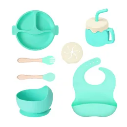 Tazze, piatti set di piatti per pasti in silicone per bambini, piatto pasto per la divisione, bavaglini, tazza d'acqua, cucchiaio forcella, ciotola di cibo complementare, stoviglie da tavolo alimentazione