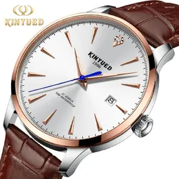 Zegarek na rękę kinyued man szkielet zegarek japońsko ruch mody skórzany pasek zegarki luksusowe automatyczne mechaniczne 5Bar Waterproof Mężczyzna męski